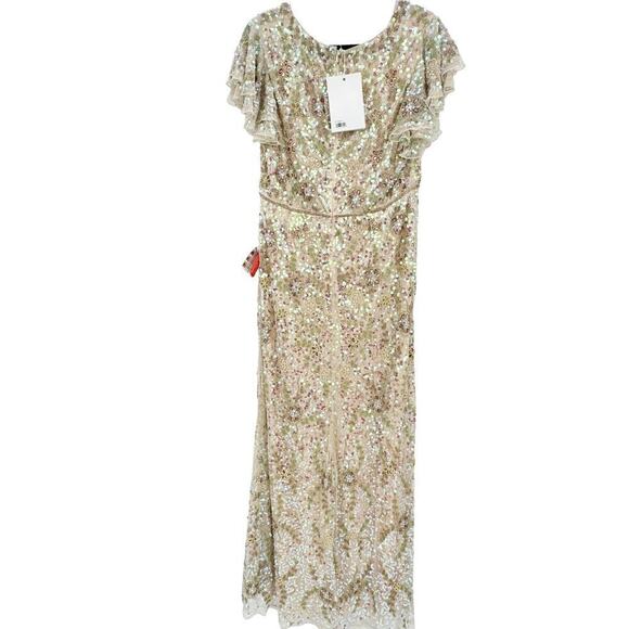 Mac Duggal Formal Embellished Beaded Cap Sleeve Long Gown Nude Size 14 NWT - Picture 8 of 11